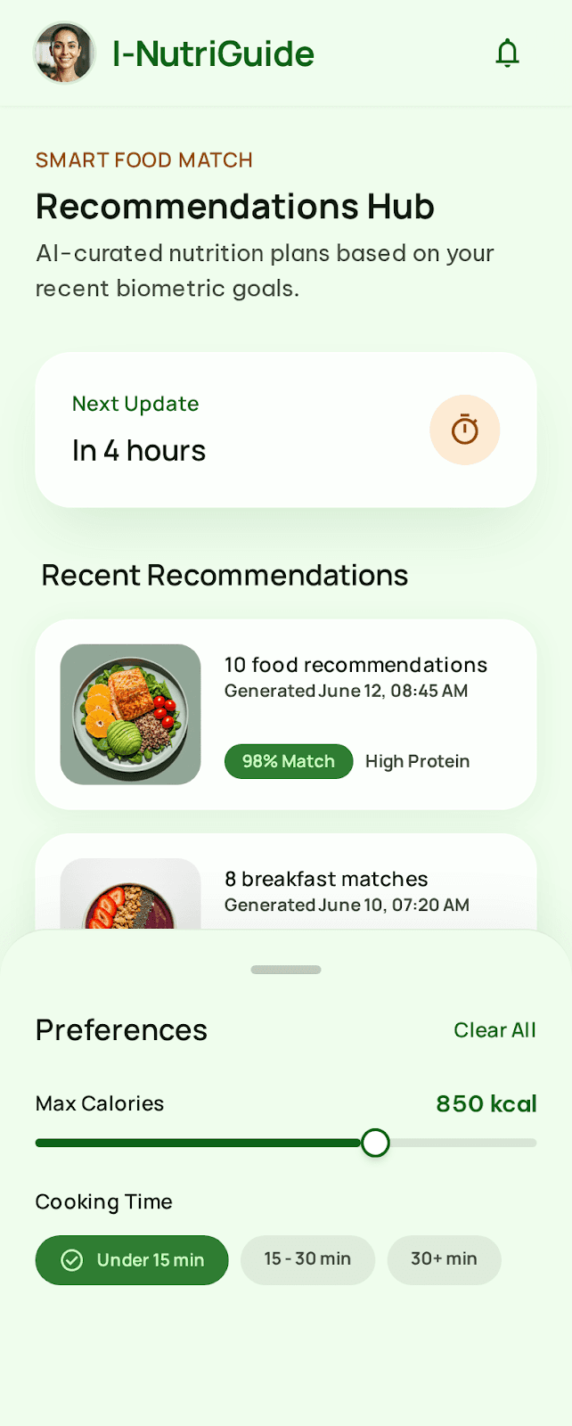 I-NutriGuide recommendation screen